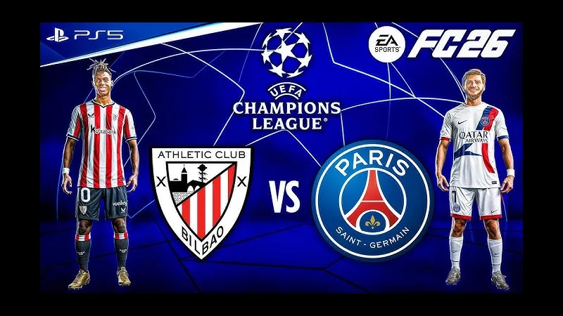 Cầu thủ của Athletic Bilbao vượt qua hậu vệ của PSG trong trận đấu sôi động.